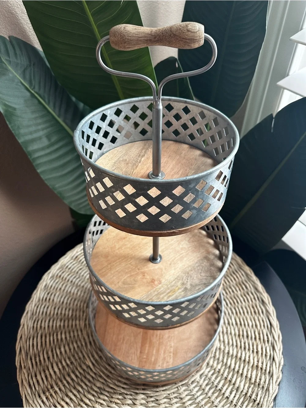 Three-Tier Metal and Wood Serving Stand - Rustic Farmhouse